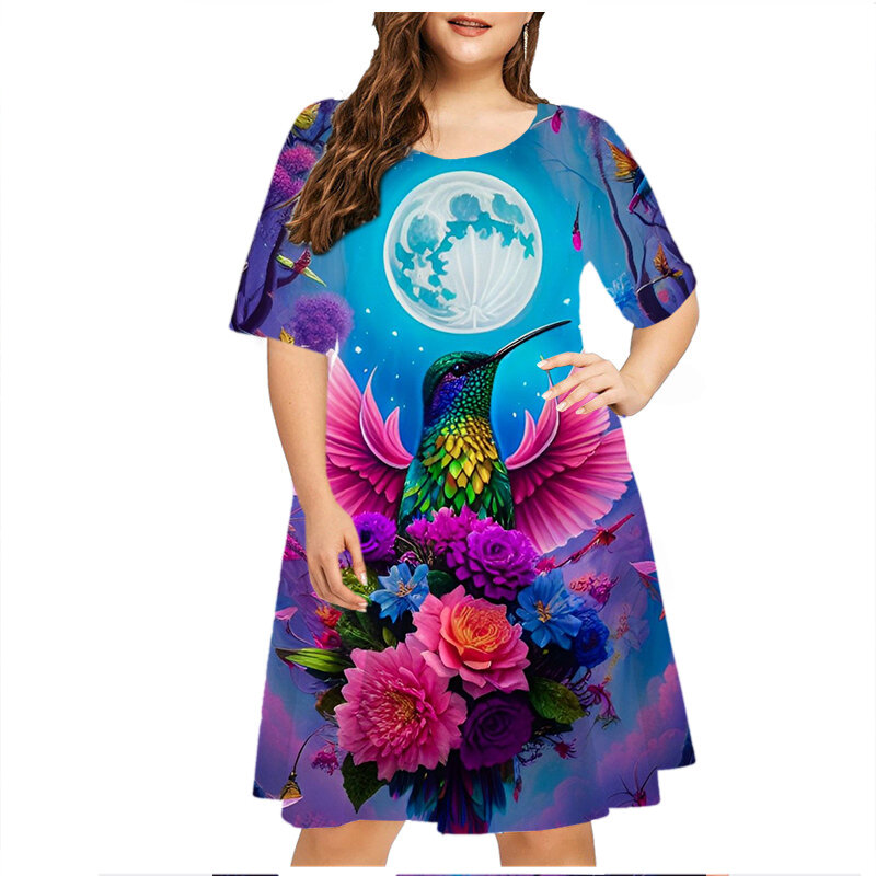2023 letnie kobiety ubierają modną damską z okrągłym dekoltem z krótkim rękawem w kwiatowy nadruk wzór ptaków sukienka luźna odzież Plus Size na co dzień