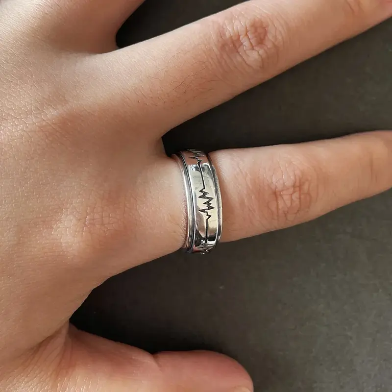 Mencheese 925 Sterling Silver Spinner Band Ring rotante Anti-ansia antistress uomini e donne incisione ECG