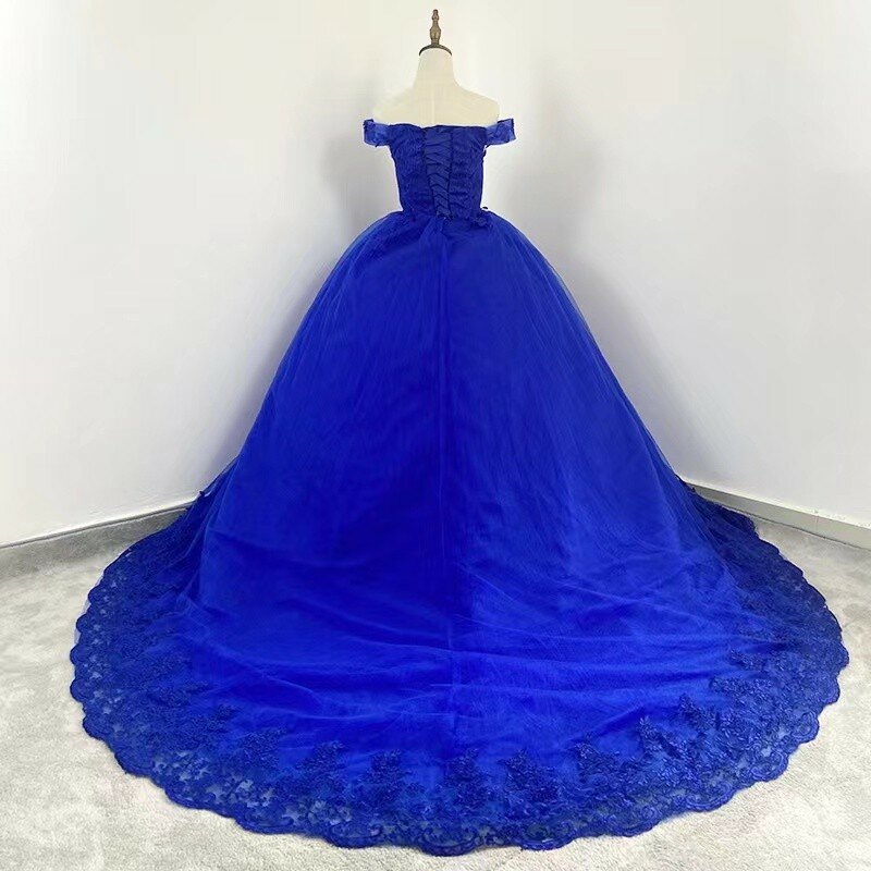 Autumn New Vestidos Blue Quinceanera Dress With Trian Elegant Off The Shoulder Ball Gown Luxury Party Dress Plus Size Prom Gown