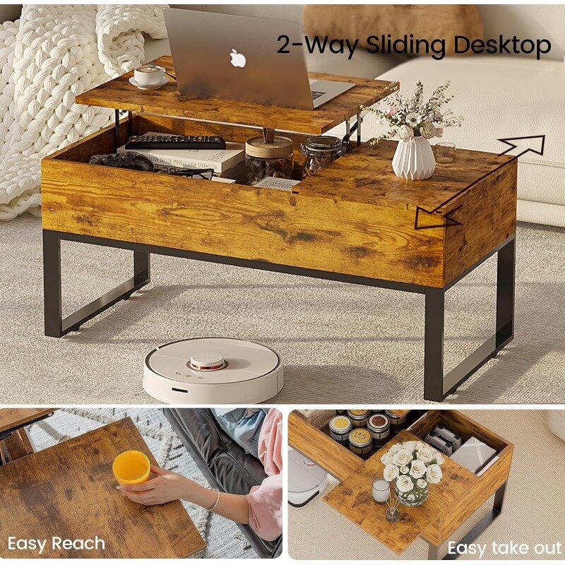 VEELOK Lift Top Coffee Table for Living Room with Hidden Storage Compartment on Rolling Wheels