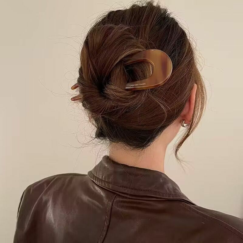 Chinese Minimalist Leopard Print Acetate Geometric U-shaped Women's Hair Clip Elegant and Retro Coiled Hair Accessory Hairpin