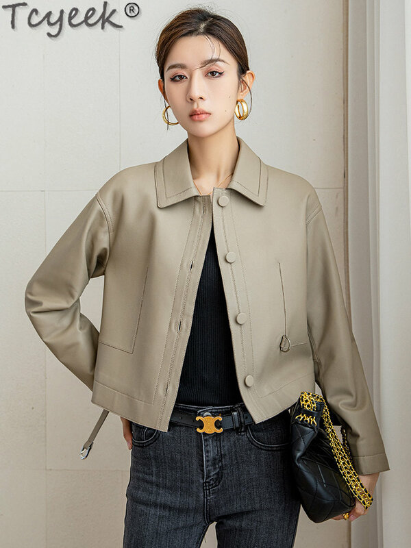 Tcyeek 2023 Sheepskin Genuine Leather Jacket Womens Elegant Women's Clothing Lace-up Spring Fall Short Jackets дубленка женская