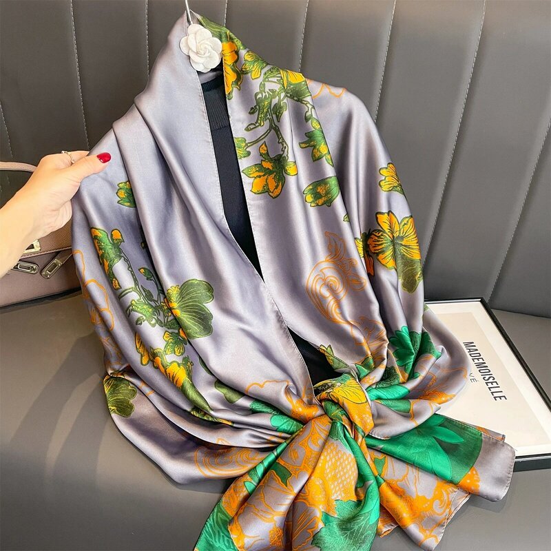 Cachecol de seda feminino com acabamento acetinado, hijab quente, marca de luxo, impressão fashion, design popular, lenços médios, 180x90cm