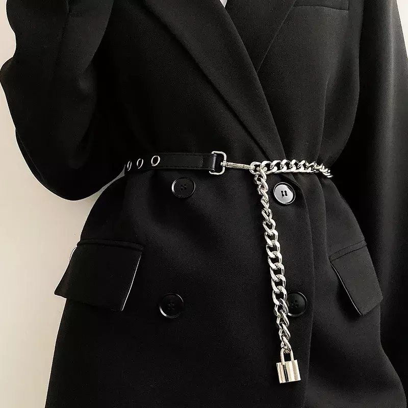 Sabuk Pinggang kulit PU wanita, dengan kunci logam dekorasi gaya Punk ikat pinggang mode sabuk rantai pinggang
