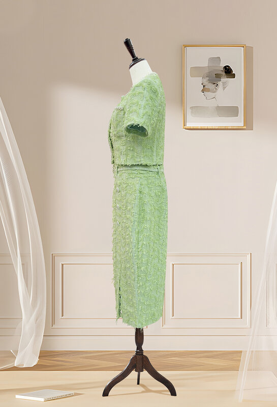 Summer New Heavy Industry Nail Bead Set Green Sweet Short Sleeved Top High Waist Half Skirt Two Piece Set
