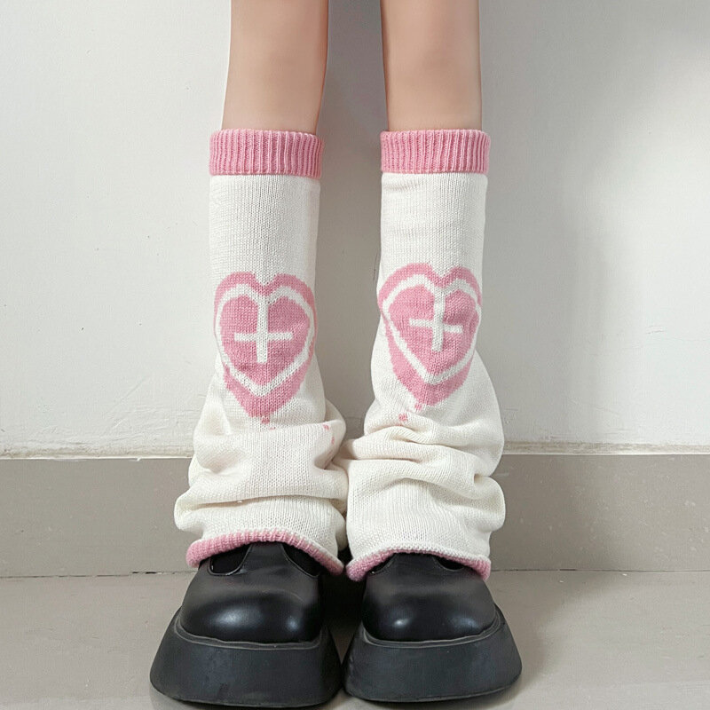 Heart Cross Leg Warmers Women Harajuku Warm Socks Cover Kawaii Loose Fit Knitted Foot Warmers Y2K Accessories Calf Knee Socks