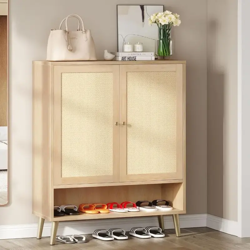 Rattan Shoe Cabinets with Doors, 5-Tier Storage for Entryway, Shoes Rack Organizer Cabinet Door and Adjustable Shelves