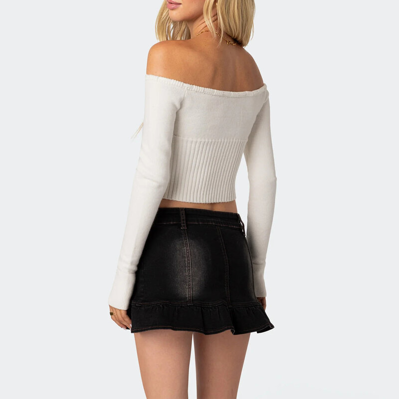 여성용 오프 숄더 크롭 니트웨어, 긴팔 타이 장식, 상의 스웨터, Y2k 캐주얼 의상, 단색 패션