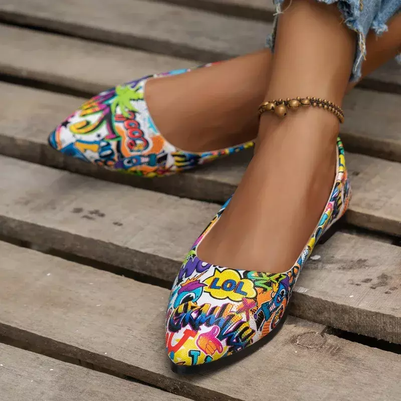 여성용 플러스 사이즈 슬립 온 신발, 여성용 플랫, 데일리 플랫, 프린트 얕은 뾰족한 발가락, 부드러운 바닥 신발, 핫 세일