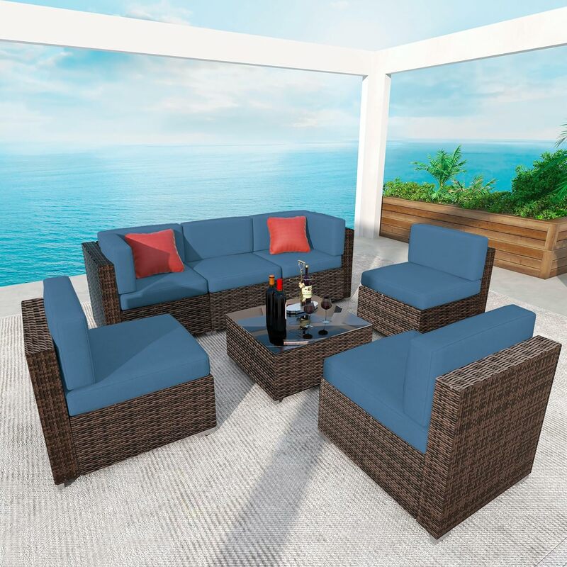 Terrassen möbel Set Outdoor-Schnitts ofa, Allwetter-Rattan stühle, Kissen mit abnehmbarem Bezug, Couch tisch aus gehärtetem Glas