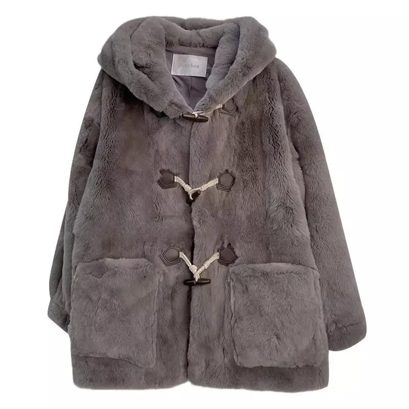 Women Faux Fur Coat Imitation Rex Rabbit Loose Hooded Outcoat Female Thicken Warm Fashion Horn Button Solid Color Winter Outwear