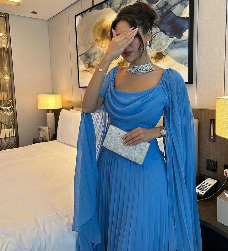 Lorrtta Elegant Blue Arabia Chiffon Prom Dresses Sleeves Pleated Party Gowns 2024 Sleeveless A-LINE Ankle-Length Party Dress