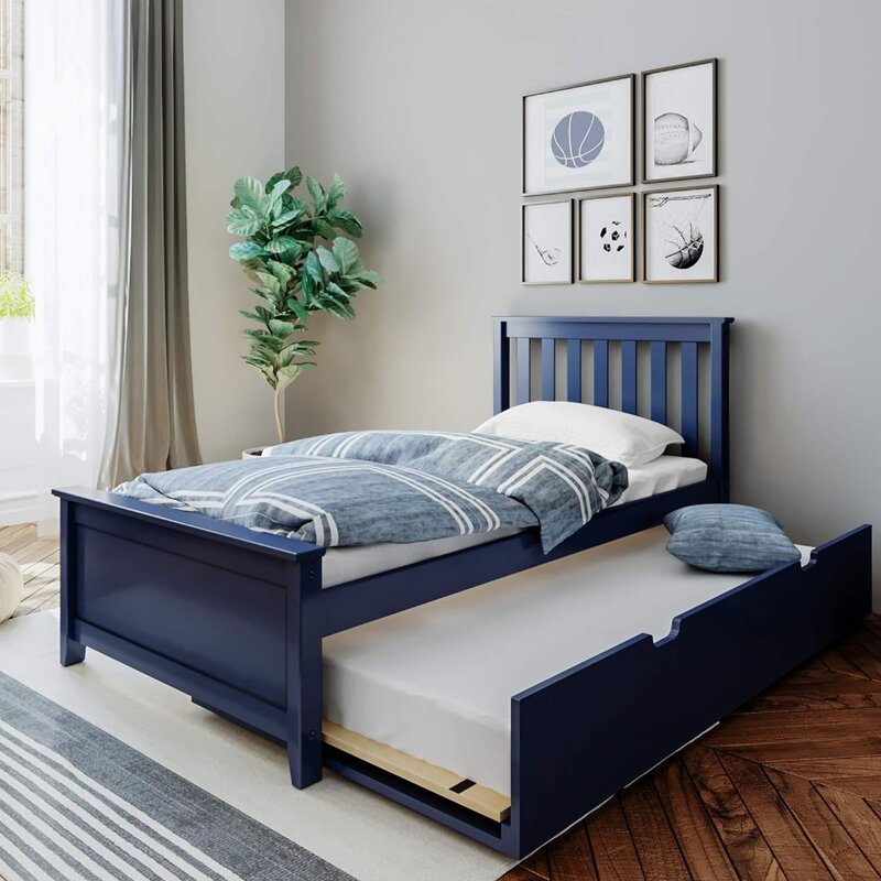 Wood Bed Frame With Headboard For Kids With Trundle Bed Bases & Frames Slatted Blue Children Furniture