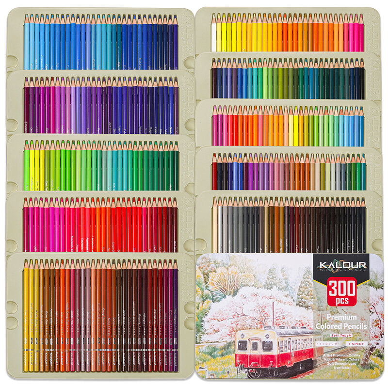 KALOUR Set Pensil Warna Berminyak Kotak Besi Mewah 300 Warna Alat Tulis Khusus untuk Siswa Seni Menggambar Hadiah Ulang Tahun