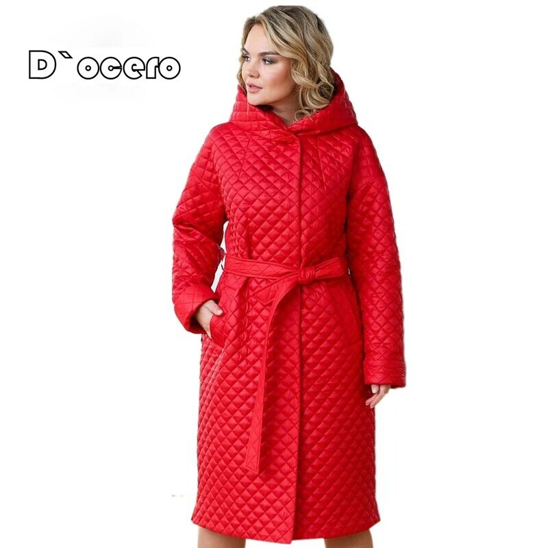 2022 DOCERO Jaket Wanita Musim Semi Musim Gugur Hoodie Panjang Mantel Berlapis Sabuk Longgar Parka Mewah Pakaian Luar Ruangan Hangat