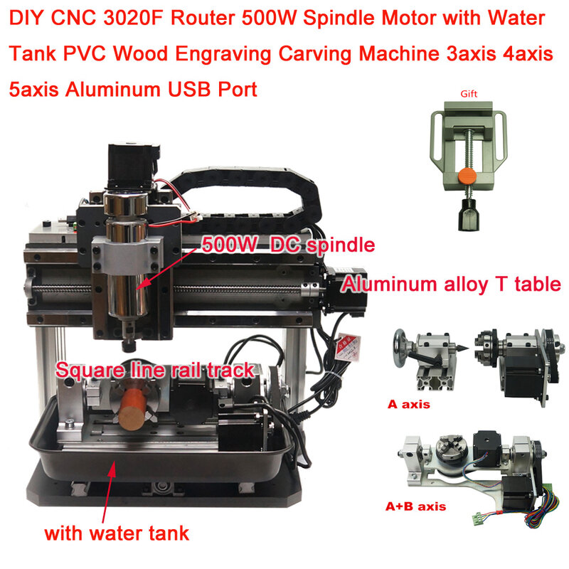 DIY CNC 3020F Router 500W Spindle Motor with Water Tank PVC Wood Engraving Carving Machine 3axis 4axis 5axis Aluminum USB Port