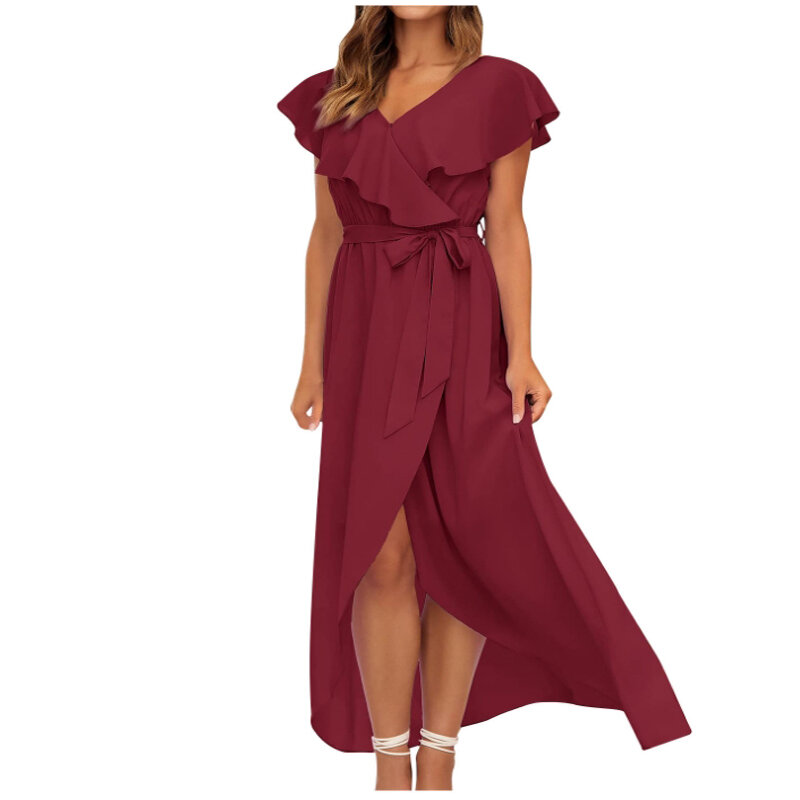 2024 Neuankömmling heiß verkaufen Frauen Sommer Kurzarm einfarbig V-Ausschnitt Kleider Abend party sexy Kleider Mode Ballkleid