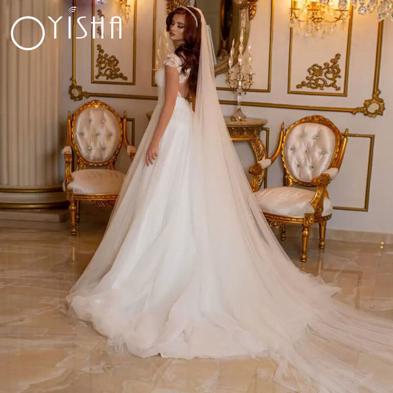 OYISHA-A-Line Cap mangas vestidos de casamento, gola alta com renda superior, vestidos de noiva, Open Back Tier, design do botão, elegante