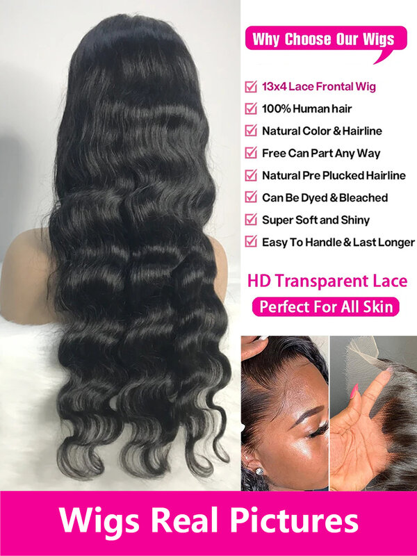 Perruque Lace Front Wig Body Wave Brésilienne Naturelle, Cheveux Humains, 13x6 HD, 13x4, 30 Pouces, Pre-Plucked, pour Femme Africaine
