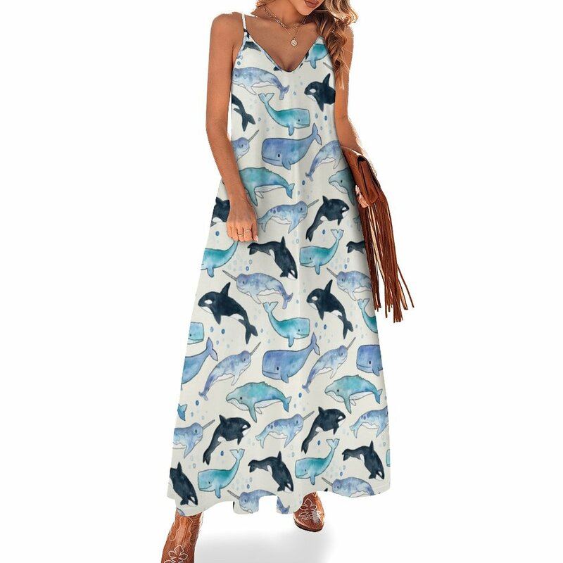 Платье женское без рукавов, шикарное элегантное, с принтом киты, оркас и нарвалы, летняя одежда, 2023
