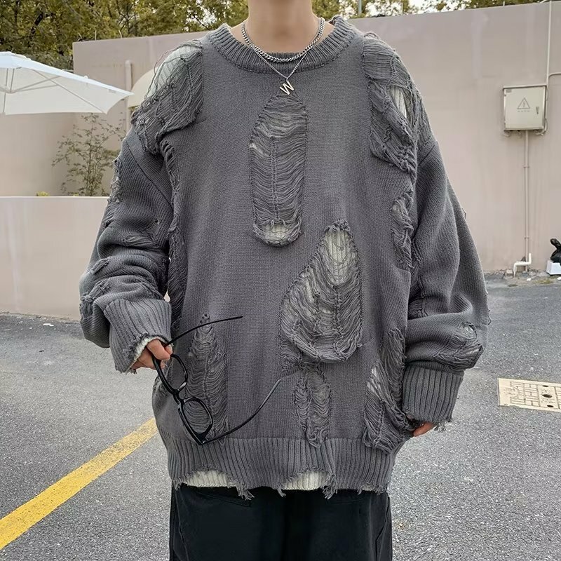 American New Retro Hole Fake Two Sweaters For Men And Women Y2k Streetwear High Street Fashion Punk Style Loose Casual Sweater
