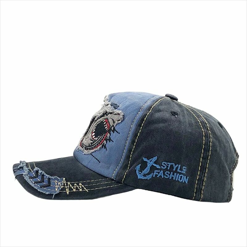 Haftowana czapka z daszkiem rekina Unisex z regulowaną czapką dla zwierząt, wyprana czapka typu Snapback odzież uliczna