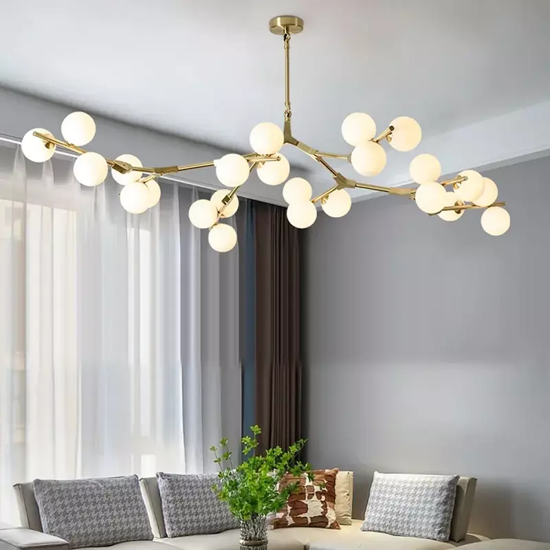Современные светодиодные подвесные лампы в виде ветвей дерева, люстра со стеклянными шариками, украшение для гостиной, столовой, спальни, комнатное освещение