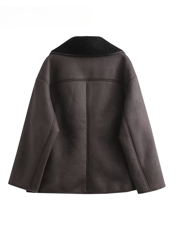 2023 Winter Frauen Vintage Langarm warme Jacke Kunstleder Fleece Mantel weibliche lässige feste Tasche Outwear Revers Tops