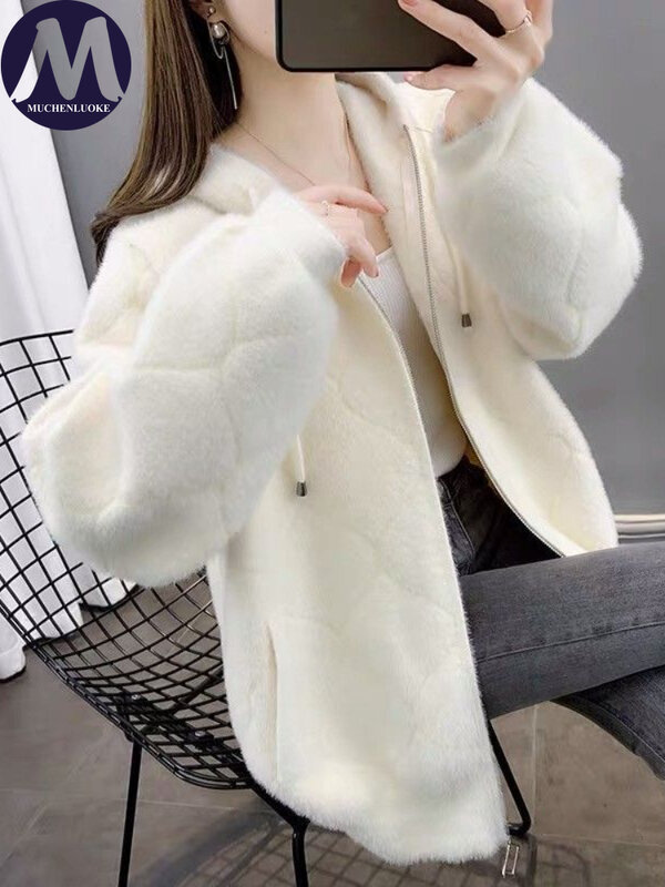 Mantel bertudung bulu palsu elegan untuk wanita, mantel kasual gaya Korea, longgar, hangat, musim gugur, musim dingin, baru, 2023