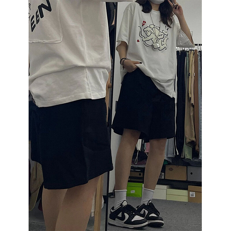 MEXZT-pantalones cortos de algodón puro para mujer, Shorts Cargo de gran tamaño Harajuku, ropa de calle Coreana de verano, pantalones cortos deportivos de pierna ancha en blanco y negro