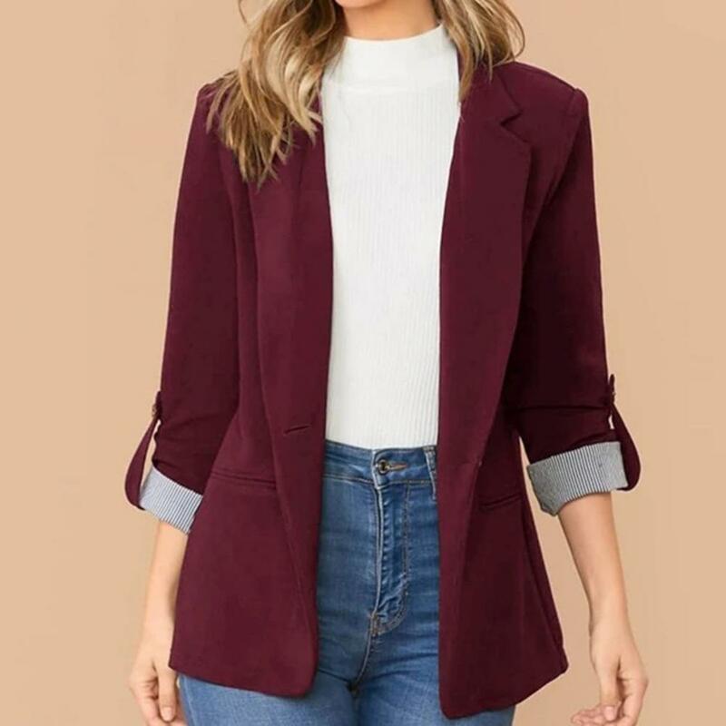 Jaqueta elegante de lapela feminina, casaco com bolsos de fechamento de botão único, manga 3/4, monocromática, casacos para trabalho