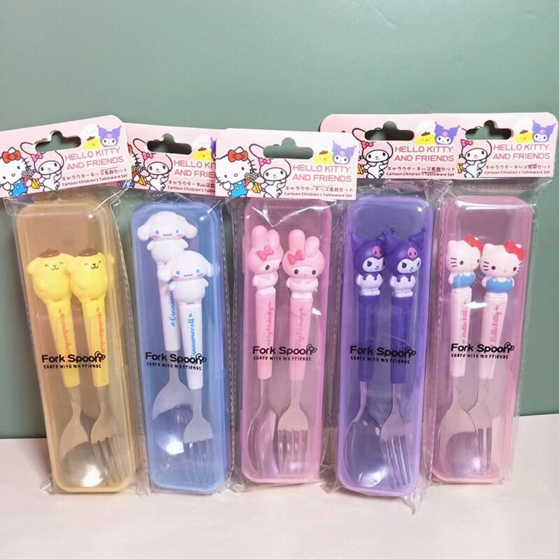Kuromi Set 2 potong garpu sendok lucu Sanrio pompurin Hello Kitty My Melody perlengkapan makan dapur anak-anak besi tahan karat