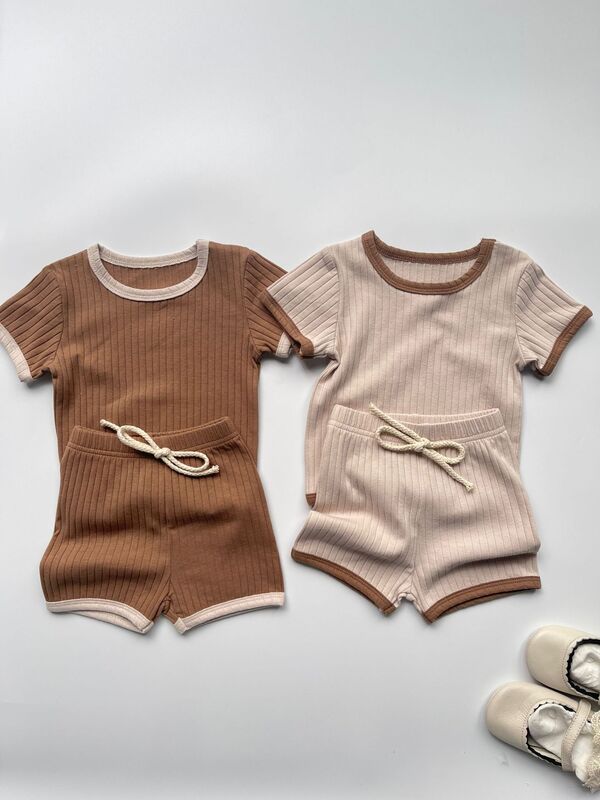 Summer New Baby Short Sleeve Casual Set Infant Boy Girl Solid Ribbed Tees + Shorts 2pcs Suit Cotton Breathable Toddler Outfits