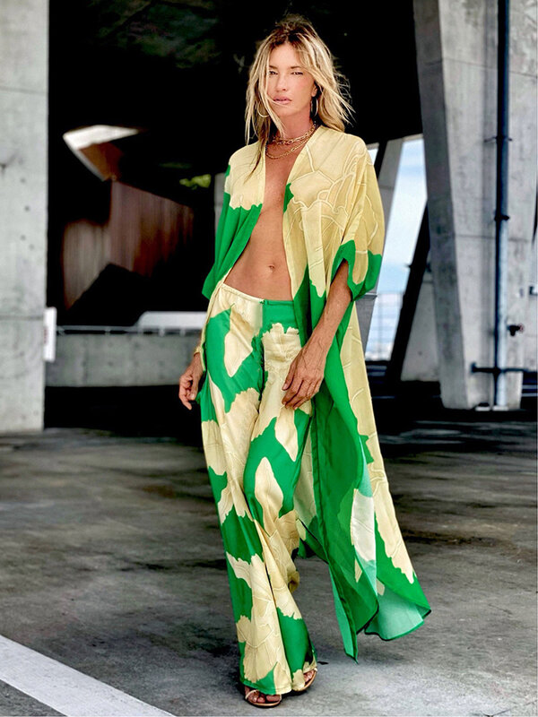 2023 Cover-Up Kimono Pantai Motif Hijau Bunga Sifon Boho Tunik untuk Baju Renang Pantai Menutupi Kaftan Ukuran Besar Pakaian Pantai Pareo