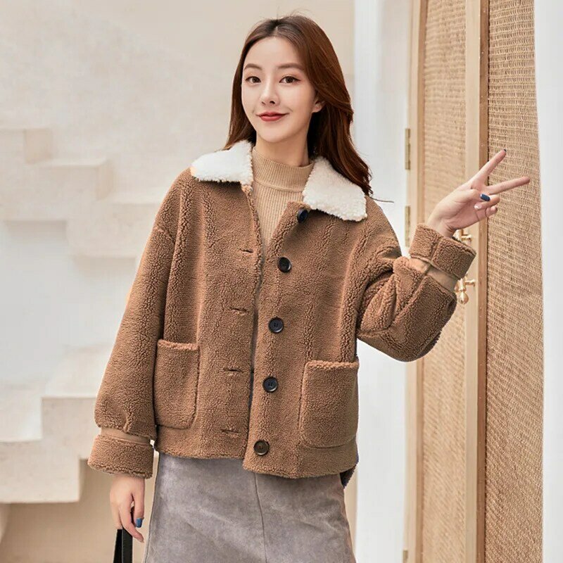 Taobao mantel bulu domba imitasi, mantel pendek berbutir-butir bulu imitasi musim gugur dan musim dingin untuk wanita