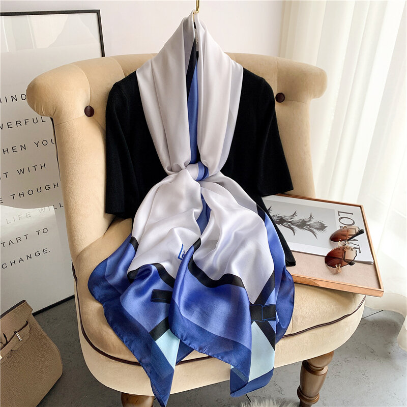 Foulard en Satin de soie à rayures imprimé, grand châle 180x90cm, Pashmina chaud, enveloppe Hijab, collection printemps-hiver 2021