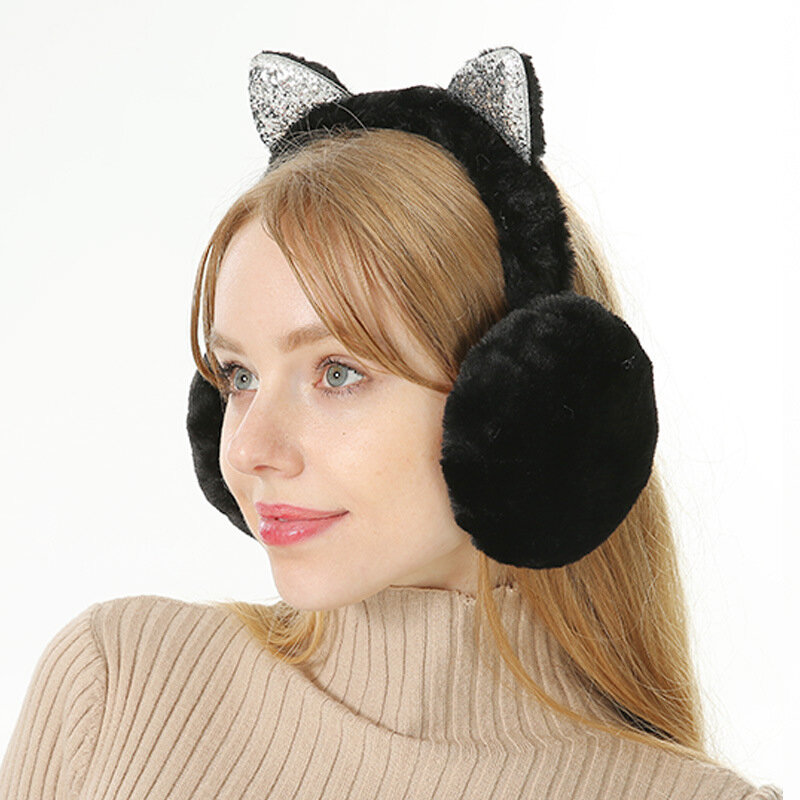 Cartoon Glitter Sequin Cat Ears Ear Earmuffs Headphones Ear Cover For Woman Girls Outdoor Cold Protection Fluffy Soft Earmuffs