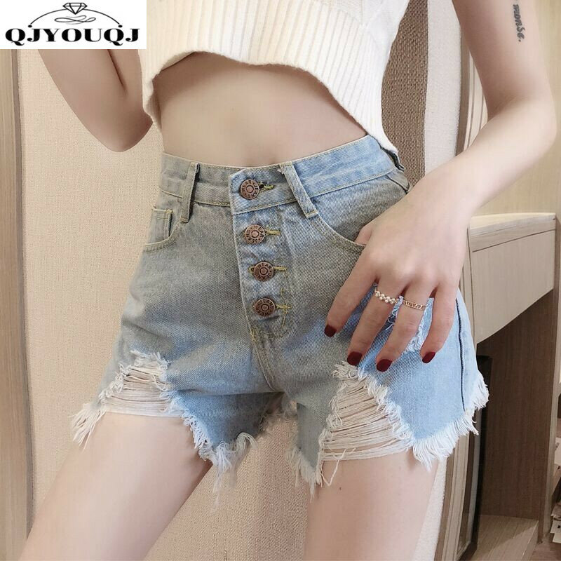 High Waisted Denim Shorts for Women's Spring/summer New Korean Version Loose and Slimming with Holes Fashionable Hot Pants