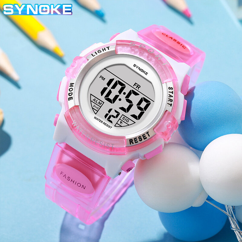 Reloj electrónico deportivo multifunción para niños y niñas, reloj de pulsera resistente al agua, alarma luminosa, Rosa