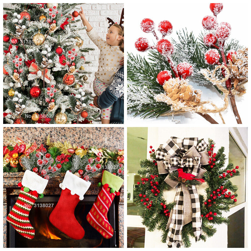 5 шт. Рождественская красная ягода, искусственный цветок, Сосновая ветка, Рождественская елка, украшения, подарочная упаковка, домашний венок «сделай сам»