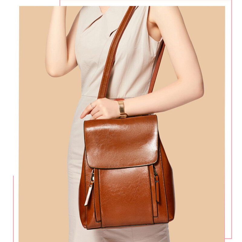 Retro Style Women's Backpacks High Quality Cowhide Leather Girl's Shoulder Bag Fashion Solid Color Handbag Student Schoolbag