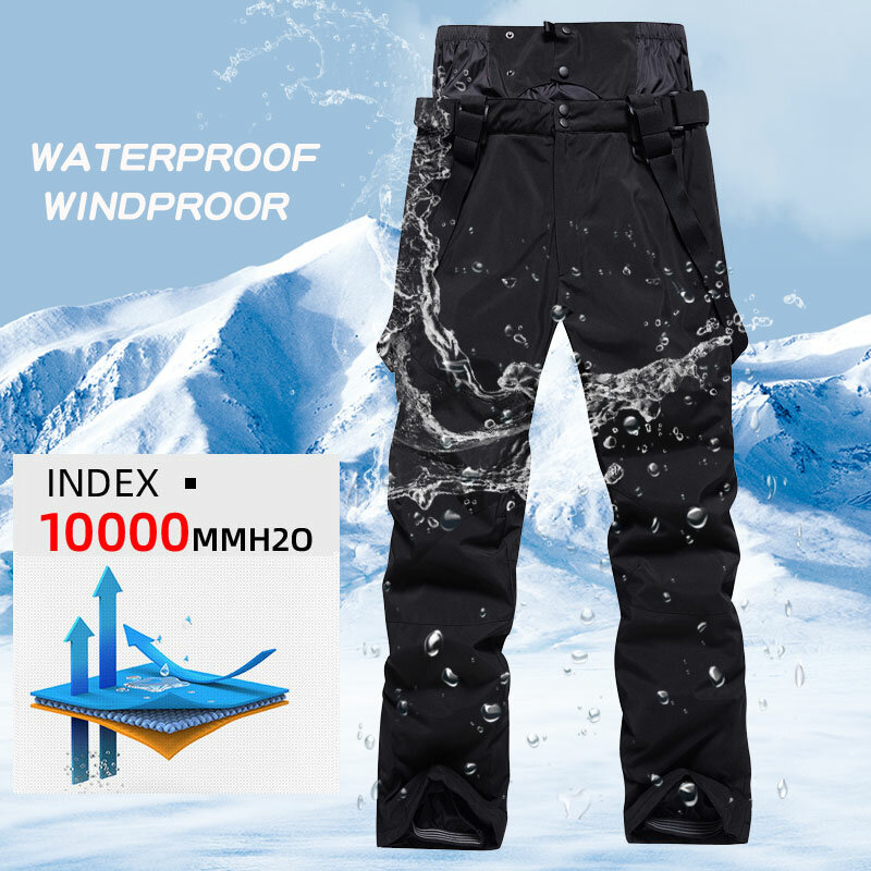 Calças de esqui impermeáveis e impermeáveis masculinas, calças suspensas de snowboard, grossas e quentes, inverno, tamanho grande, alta qualidade