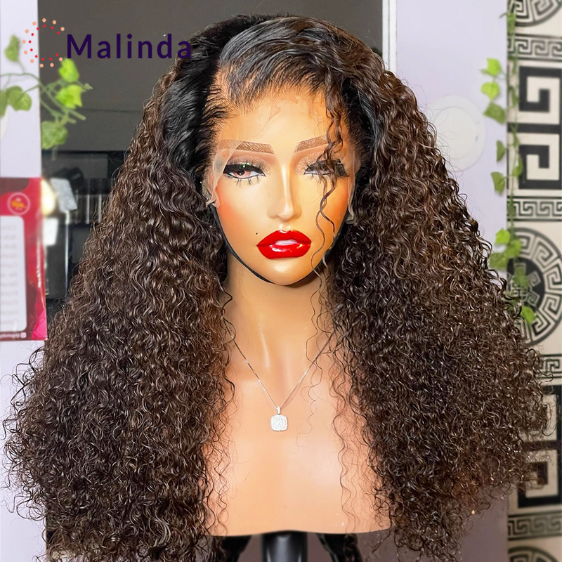 Peluca de cabello humano rizado para mujer, postizo de encaje Frontal transparente, color marrón ombré 360, brasileño 1b/4