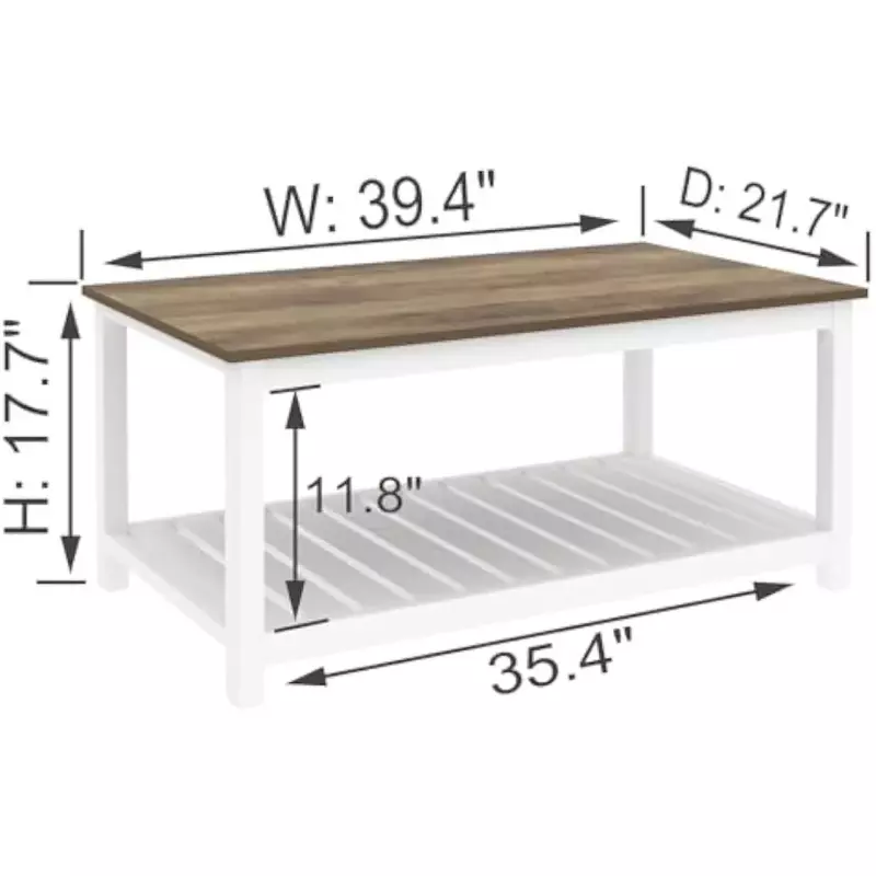 Table basse de ferme avec étagère de rangement, surface en grain de bois avec cadre blanc, table basse en bois vintage rustique pour salon