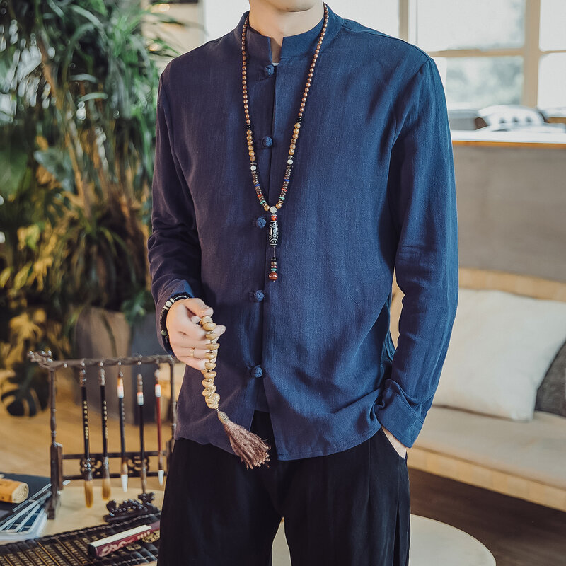 Hanfu เสื้อเชิ๊ตผู้ชายย้อนยุคเสื้อคอตั้งแขนยาวฝ้ายลินินจีนแบบดั้งเดิมเสื้อผ้าแนวสตรีท
