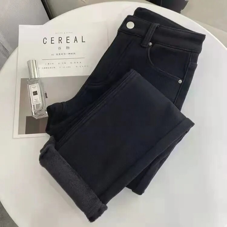 Klasyczne i aksamitne proste spodnie z wysokim stanem damskie jesienno-zimowe ciepłe damskie spodnie do kostek w stylu Streetwear damskie jeansy
