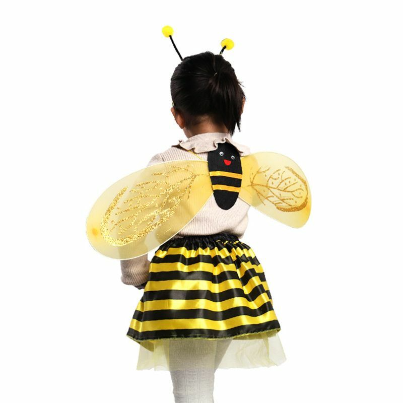 4ピース/セット子供の妖精の衣装セットてんとう虫蜂キラキラかわいい翼ストライプレイヤードチュチュスカートワンドヘッドバンドドレスアップハロウィーンの衣装