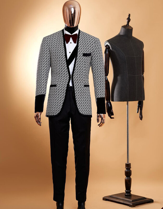 Design Männer Anzüge Smoking Muster kein Revers ein Knopf Tasche angepasst 2 Stück Blazer schwarze Hosen maßge schneiderte Bräutigam wunderschön einzigartig