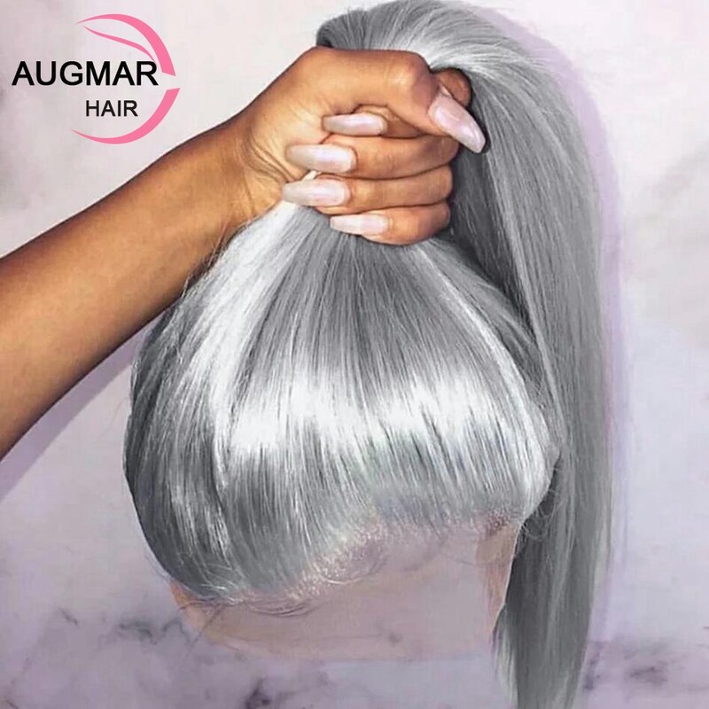 Peluca de cabello humano liso con encaje Frontal para mujer, pelo predespuntado, color gris, 360, 13x6, HD, 13x4
