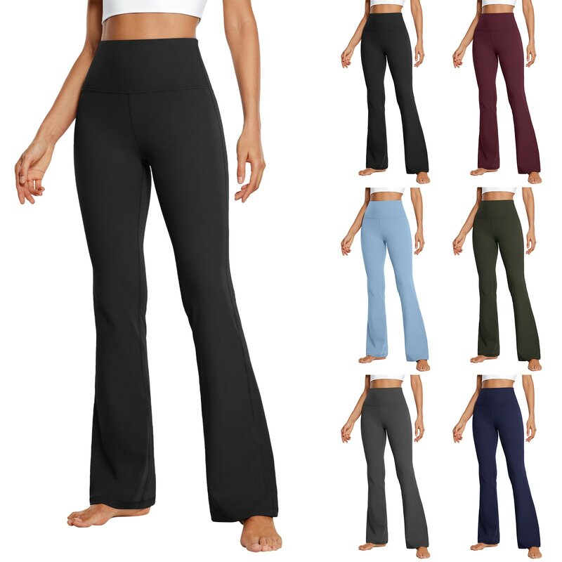 Womens Flared Trousers Classic Simple Stretch Yoga Leggings Daily Fitness Running Gym Sports Pants Solid Color High Waist Pants